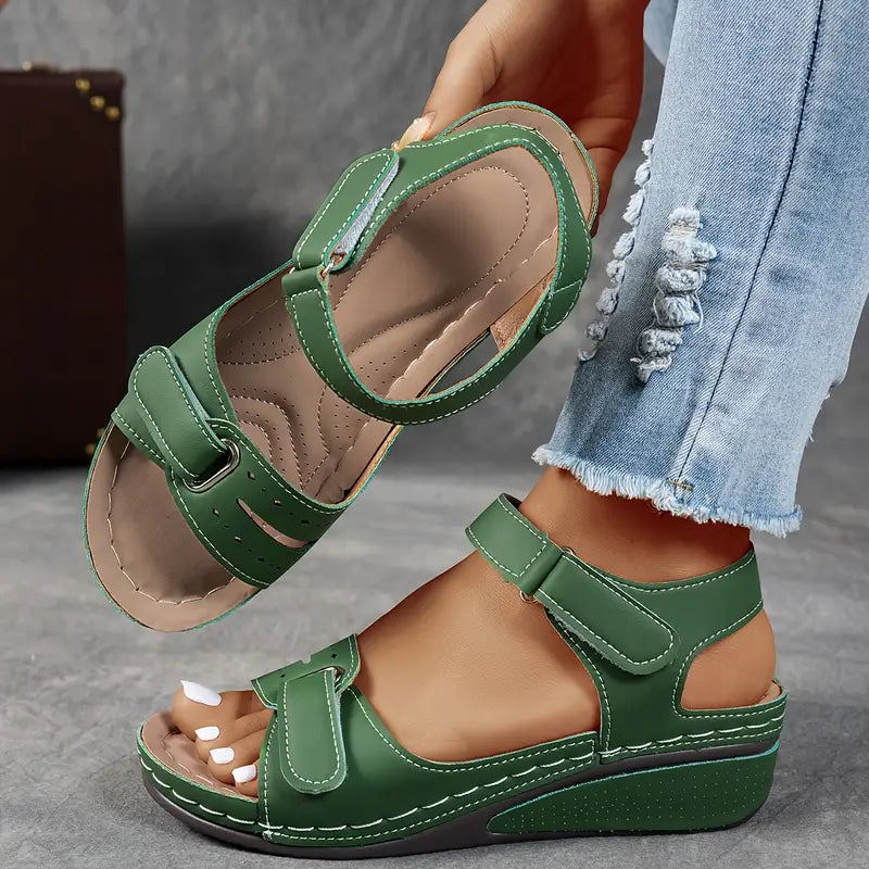 Rosanna | Silver Wedge Low Heel Sandals For Summer Days — Green