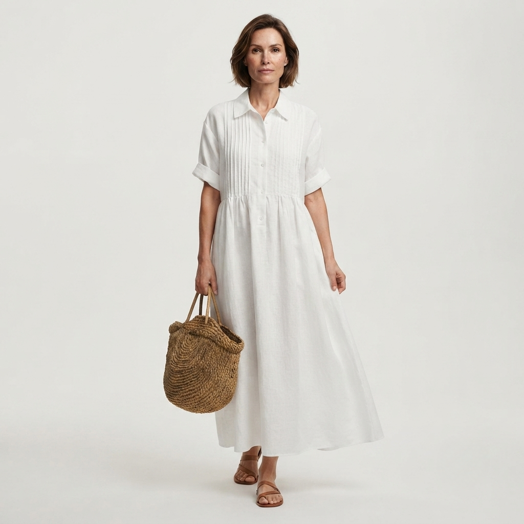 Aurelia | Linen Pintuck Maxi Midi Shirt Dress — White