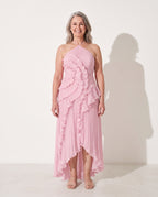 Lucinda | Spring Summer Floral Satin White Ruffle Maxi Wedding Guest Dress — voorkant