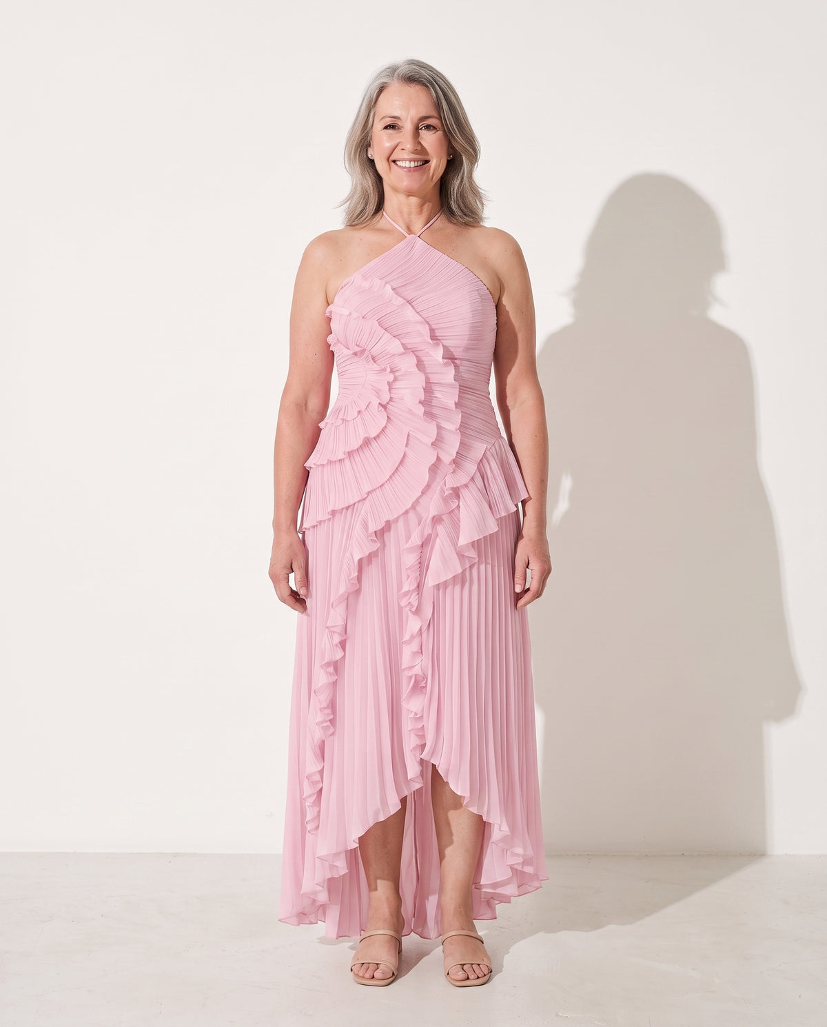 Lucinda | Spring Summer Floral Satin White Ruffle Maxi Wedding Guest Dress — voorkant