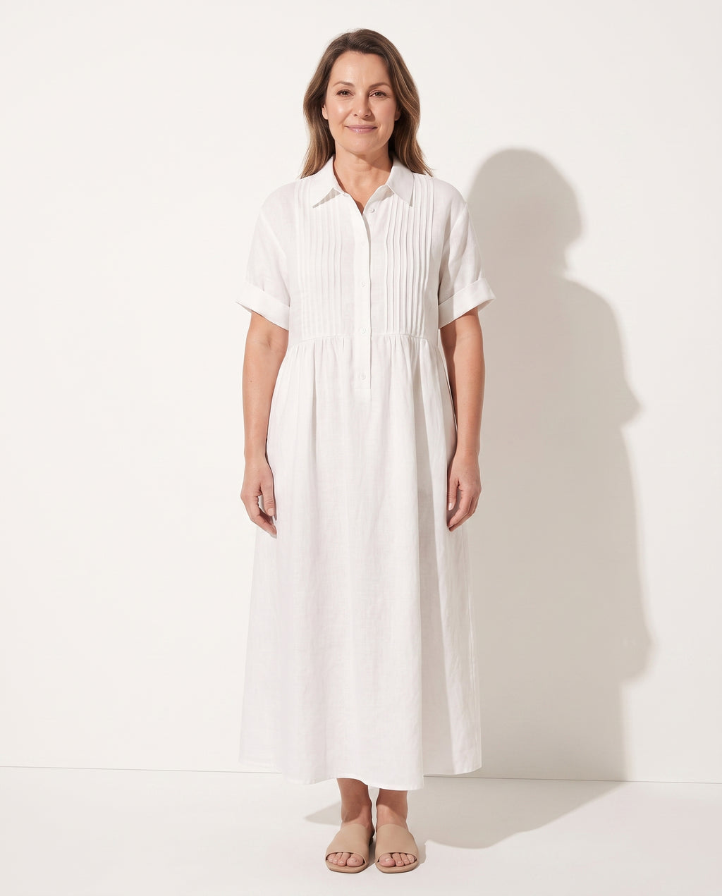Aurelia | Linen Pintuck Maxi Midi Shirt Dress — voorkant