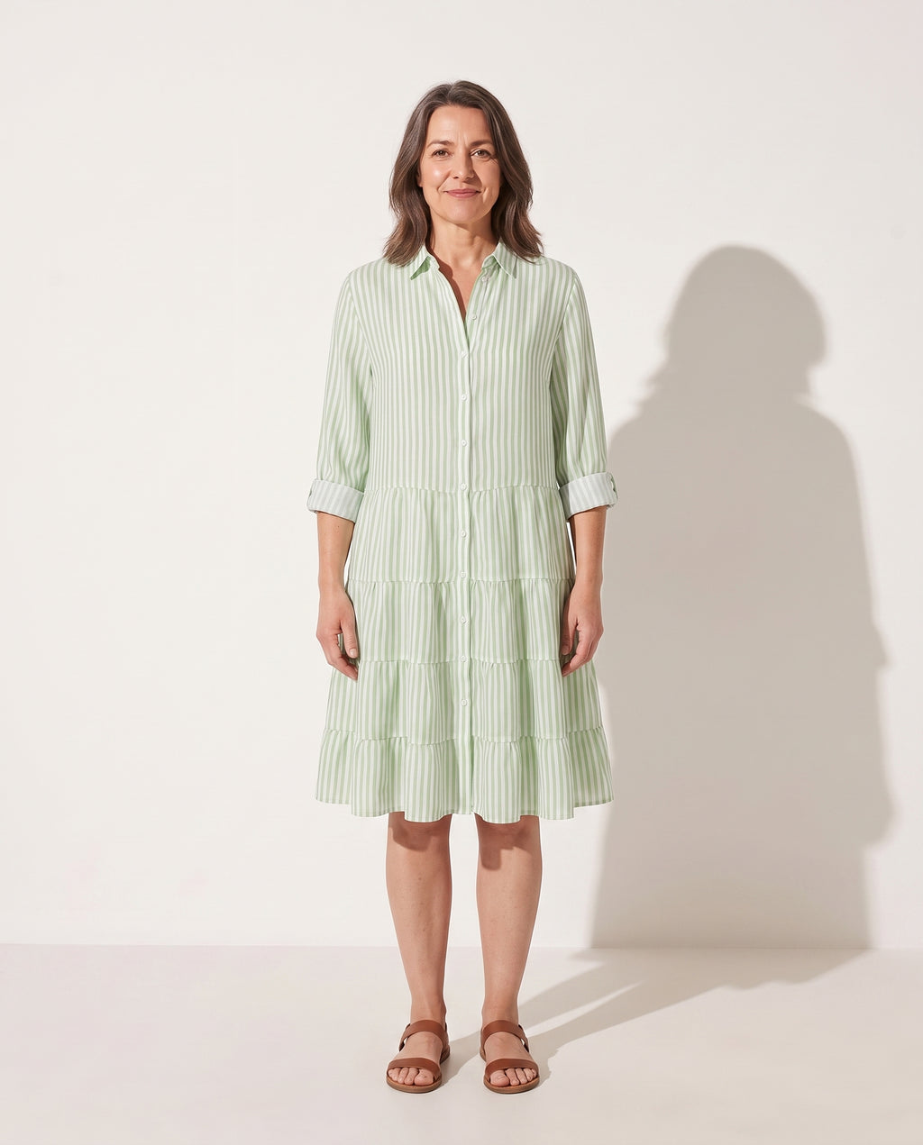 Ophelia | White Striped Linen Midi Shirt Dress — voorkant