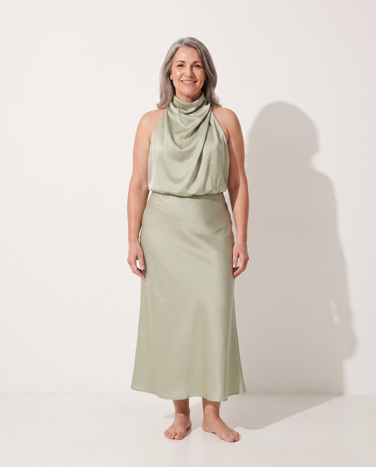 Cordelia | Satin Halter Midi Dress White Summer Maxi Mini — voorkant