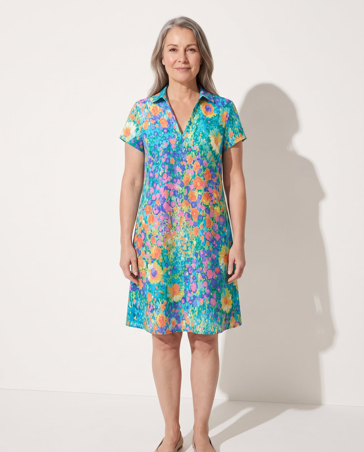 Wilhelmina | Blue Pink Midi Summer Wedding Guest Dress — voorkant