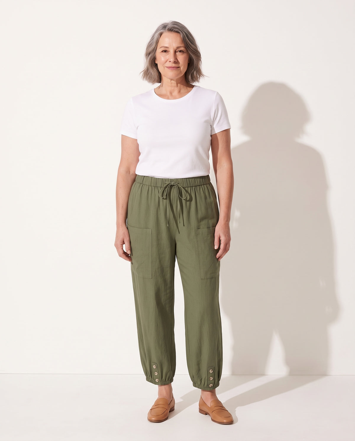 Penelope | Wide Leg Linen Cropped Trousers Elasticated Waist Pants — voorkant