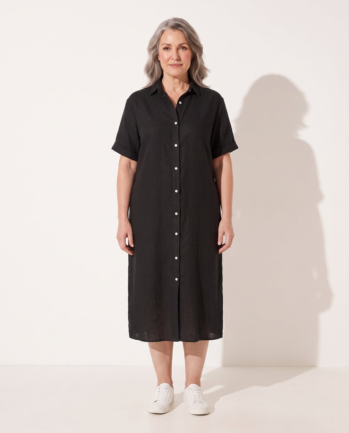 Solene | Linen Shirt Dress White Black Relaxed Midi — voorkant