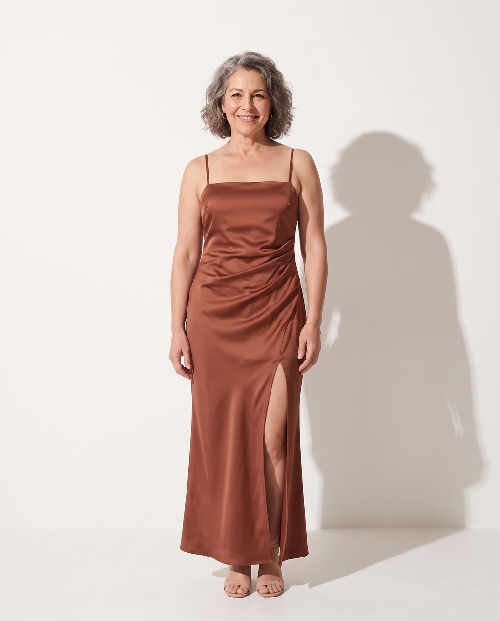 Juliette | Purple Silk Satin Maxi Dress Mini Ruched Slip — voorkant
