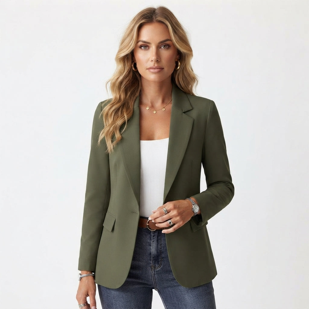 Georgiana | Summer Tailored Black Leather Blazer Fashion Jacket — Army Green