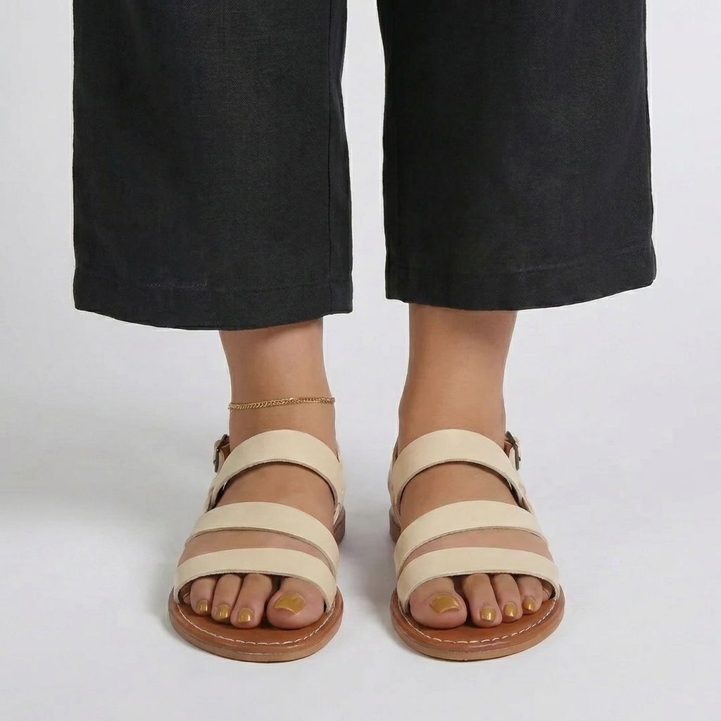 Valentina | Strappy Flat Low Heel Black Sandals — Beige