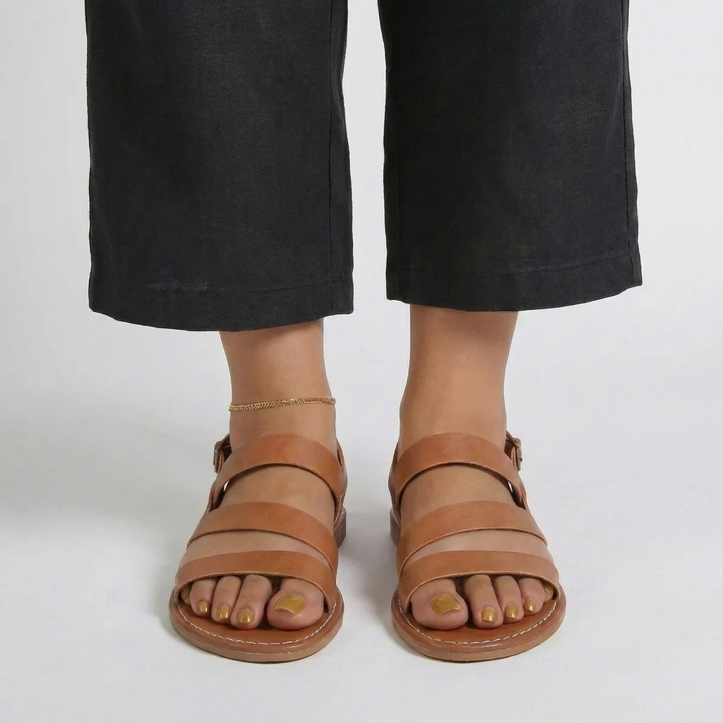 Valentina | Strappy Flat Low Heel Black Sandals — Brown