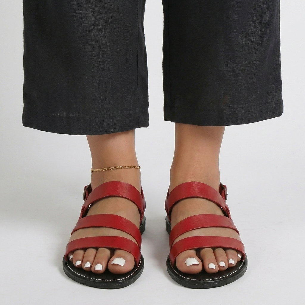 Valentina | Strappy Flat Low Heel Black Sandals — Red