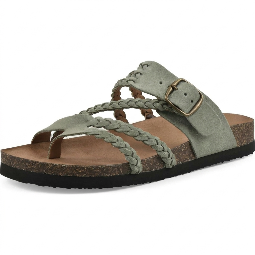 Coralie | Strappy Low Heel White Flat Sandals Summer Heels — Olive Green