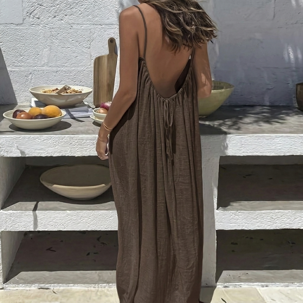 Adeline | Low Back Linen Blend Open Backless Shirt Dress — brown