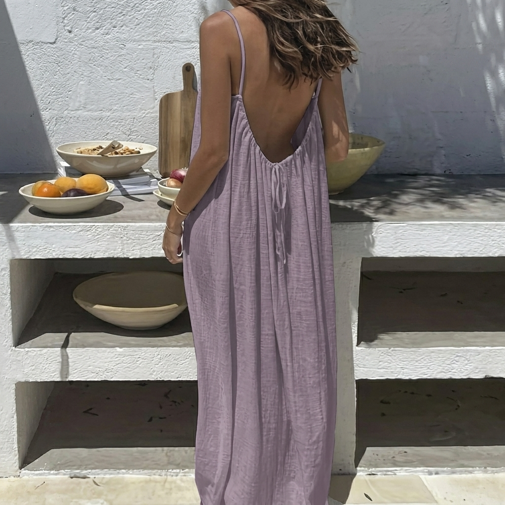 Adeline | Low Back Linen Blend Open Backless Shirt Dress — purple