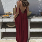 Adeline | Low Back Linen Blend Open Backless Shirt Dress — wine-red