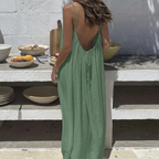 Adeline | Low Back Linen Blend Open Backless Shirt Dress — ocean-green