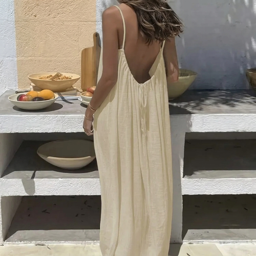 Adeline | Low Back Linen Blend Open Backless Shirt Dress — apricot