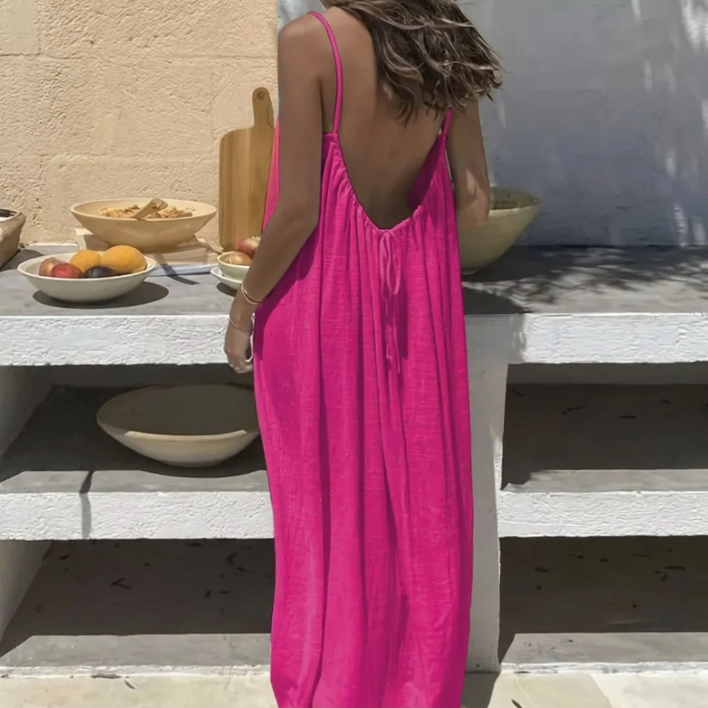 Adeline | Low Back Linen Blend Open Backless Shirt Dress