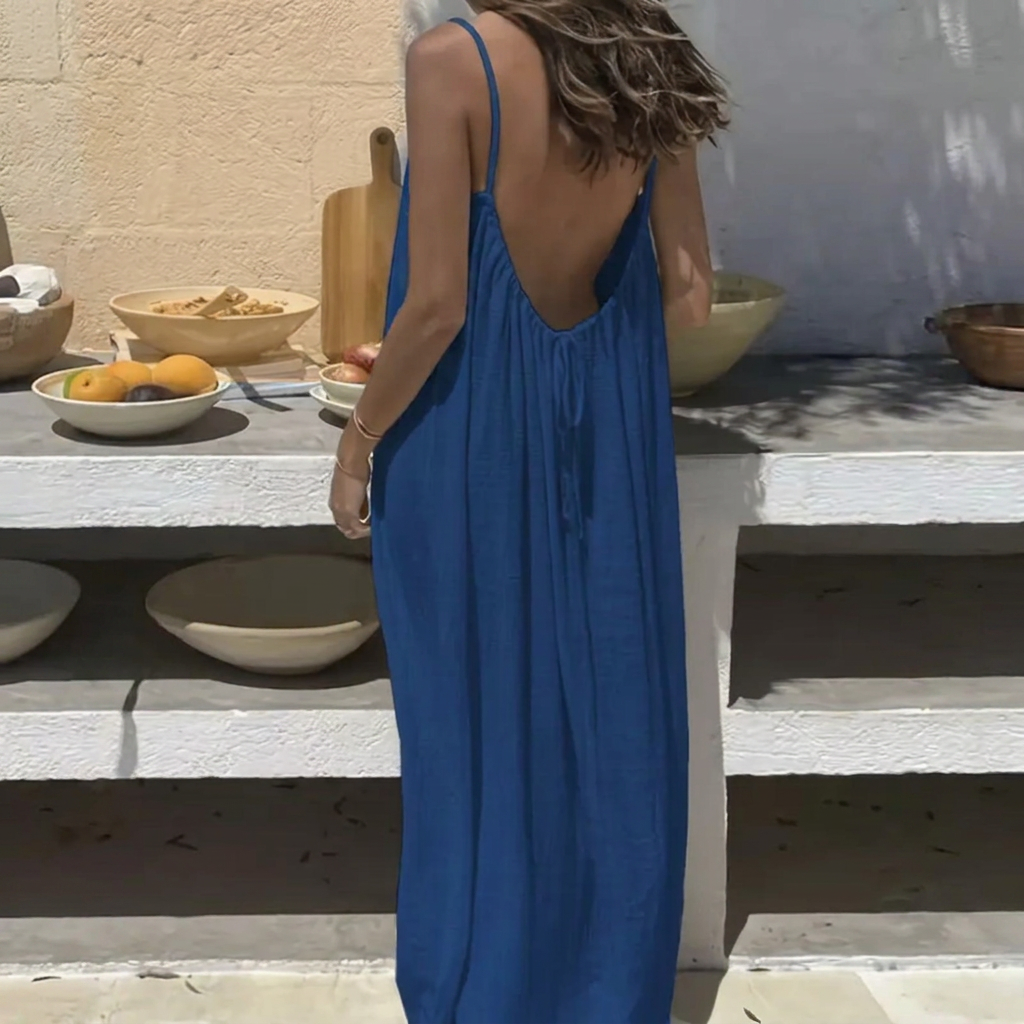 Adeline | Low Back Linen Blend Open Backless Shirt Dress — navy-blue