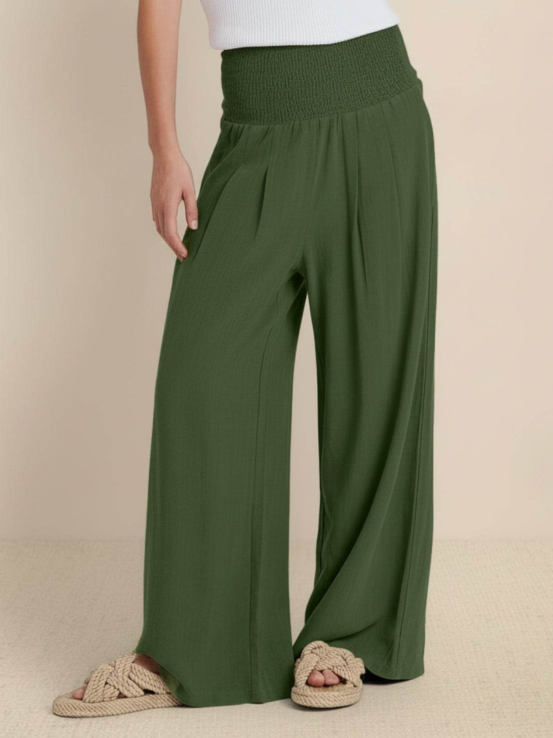Eloise | Red Printed Wide Leg Linen Trousers — Army Green