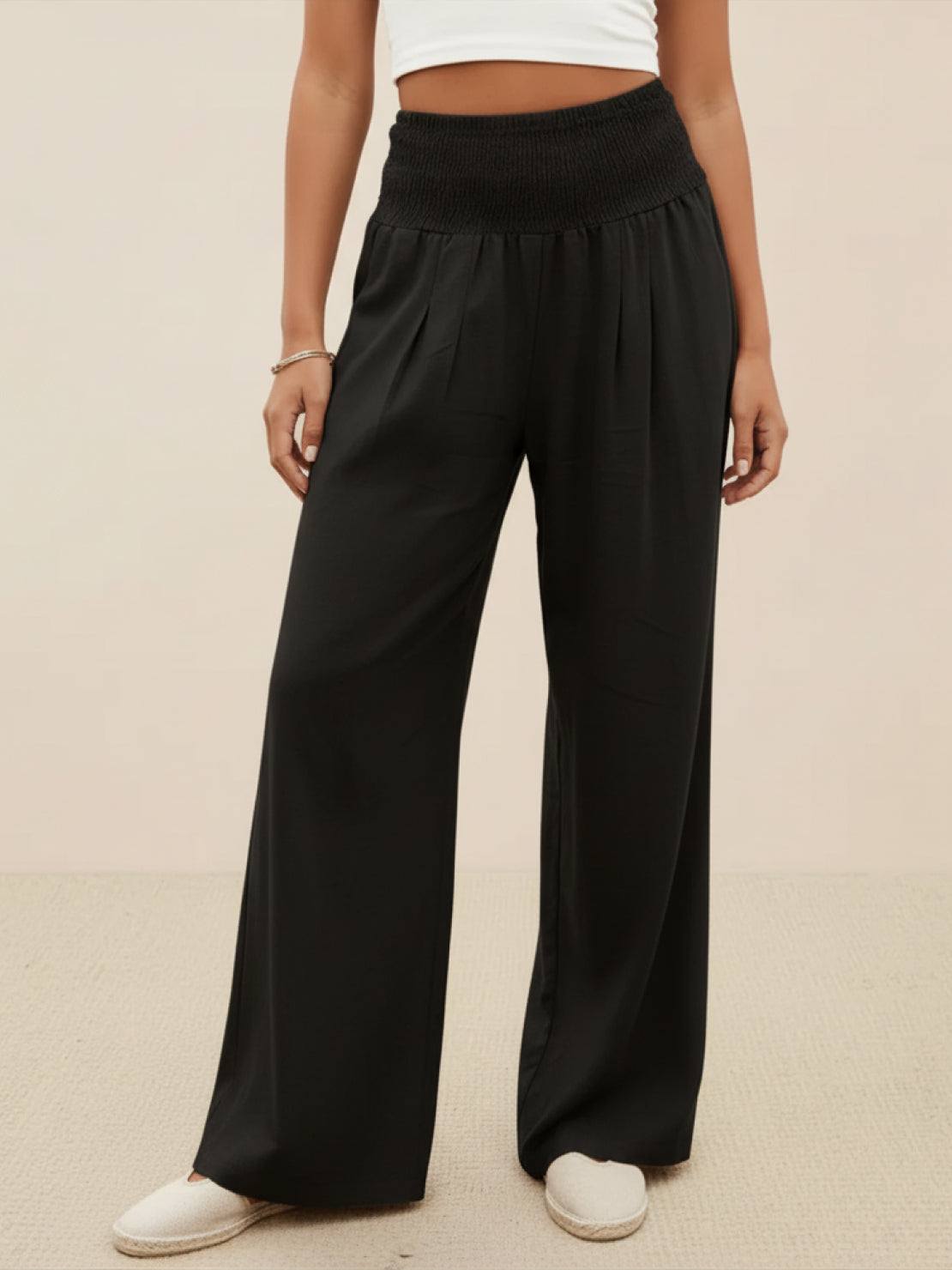 Eloise | Red Printed Wide Leg Linen Trousers — Black