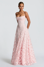 Honorine | Strapless Satin Maxi Evening Dress One Shoulder Midi — Pink