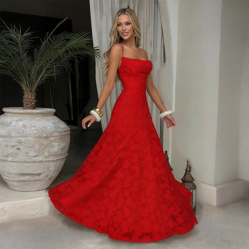 Honorine | Strapless Satin Maxi Evening Dress One Shoulder Midi — Red