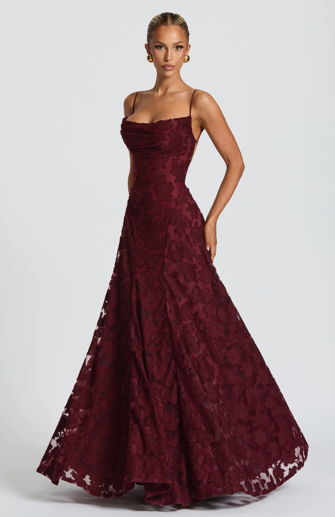 Honorine | Strapless Satin Maxi Evening Dress One Shoulder Midi — Burgundy