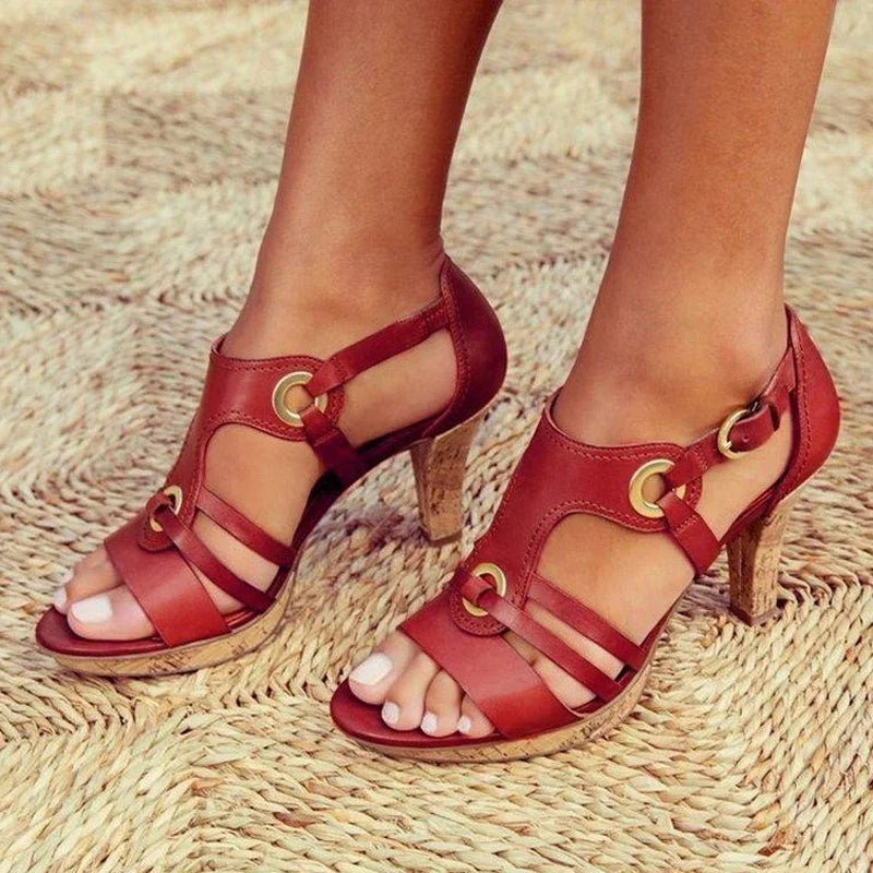 Dominique | Comfortable Strappy Mary Jane Heels Pink Tan Shoes — Red