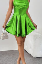 Pascale | Red Champagne Satin Mini Prom Dress — Fluoreszierendes Green