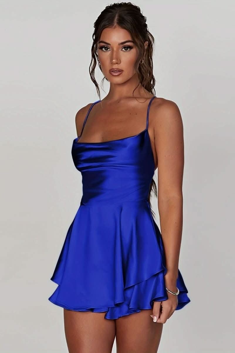 Pascale | Red Champagne Satin Mini Prom Dress — Royal Blue