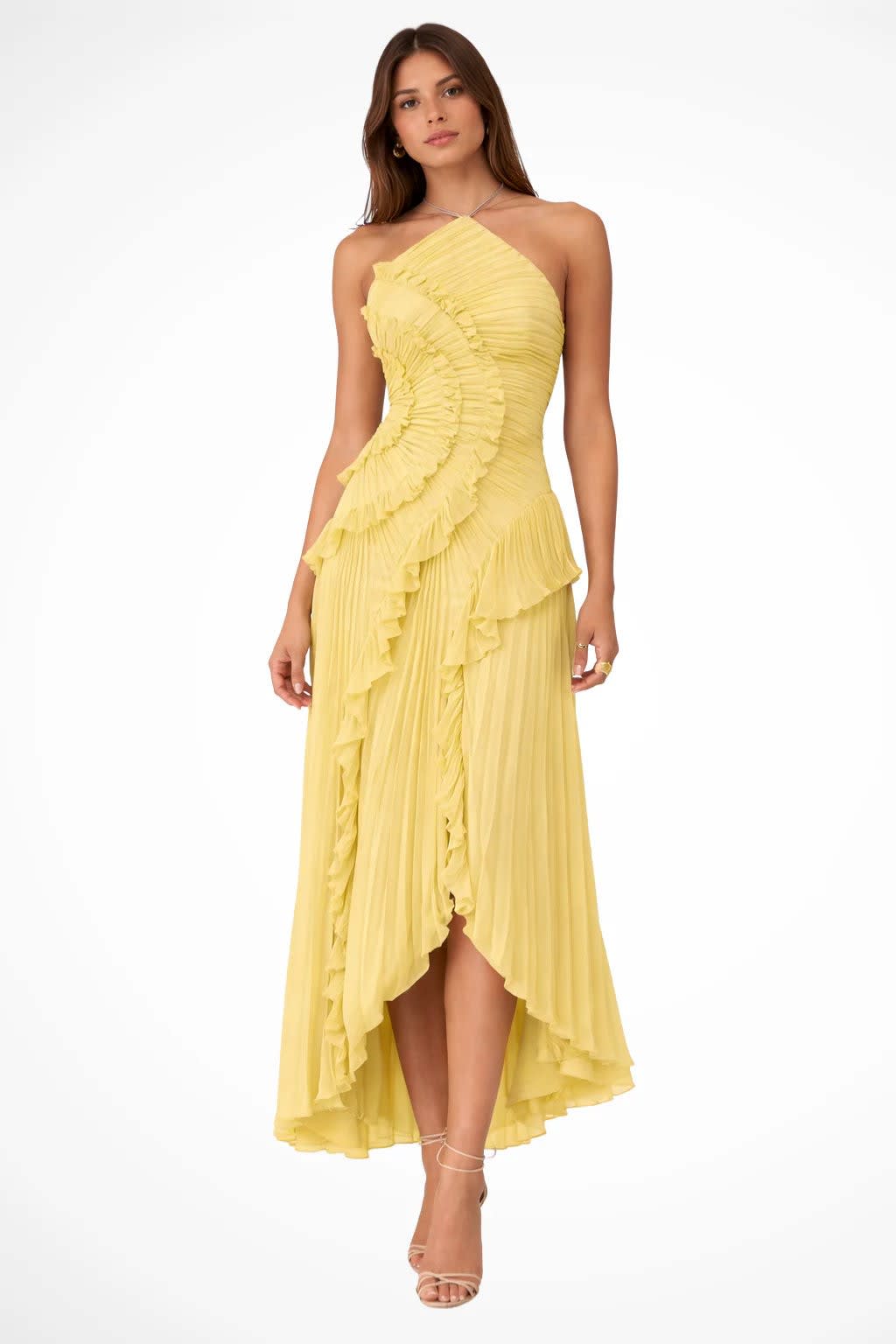 Lucinda | Spring Summer Floral Satin White Ruffle Maxi Wedding Guest Dress — Yellow