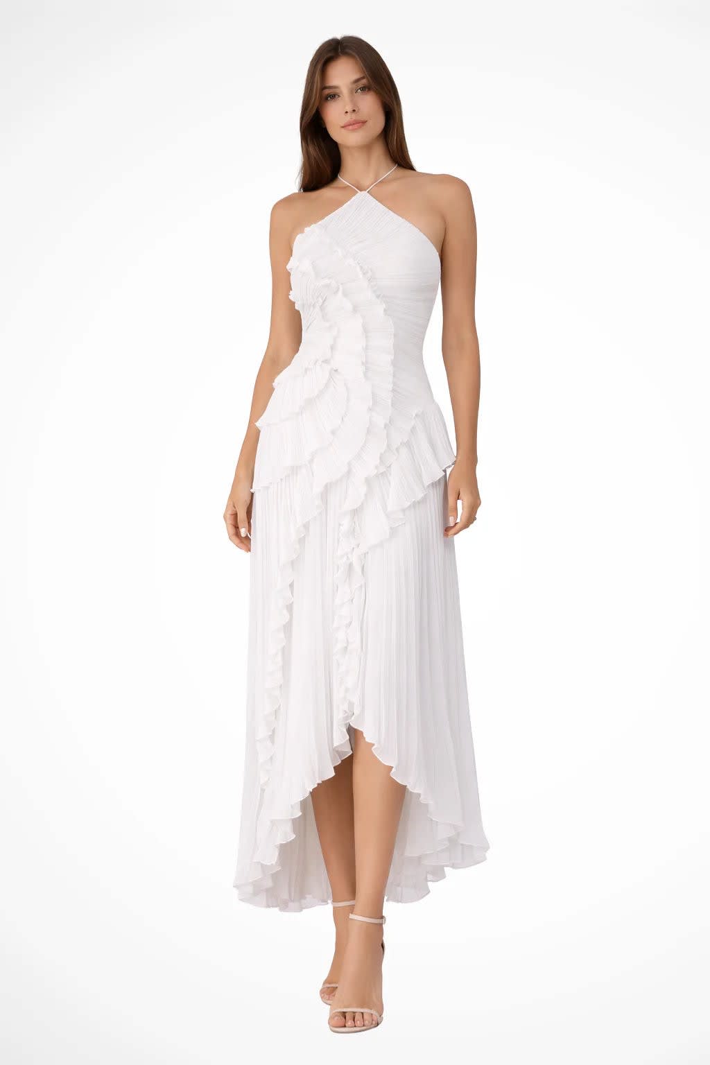 Lucinda | Spring Summer Floral Satin White Ruffle Maxi Wedding Guest Dress — White