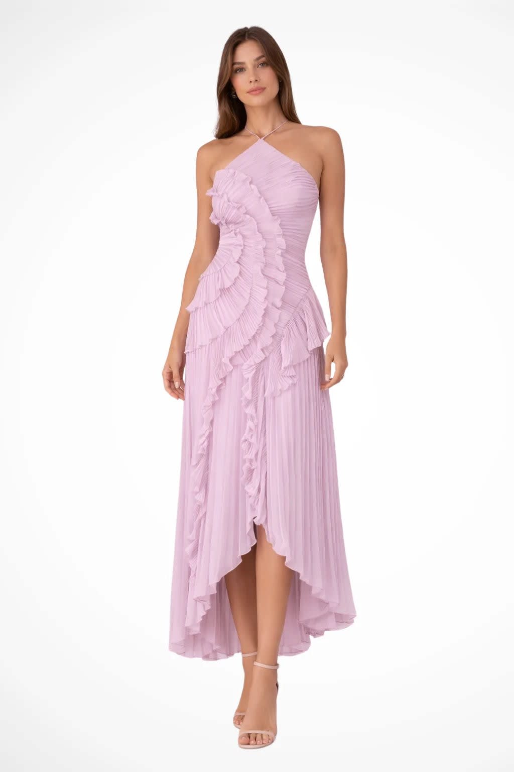 Lucinda | Spring Summer Floral Satin White Ruffle Maxi Wedding Guest Dress — Purple