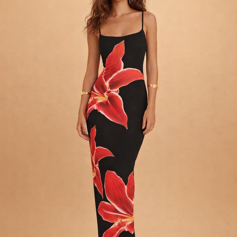 Giselle | Floral Print Pink Maxi Midi Mini Dress — Black
