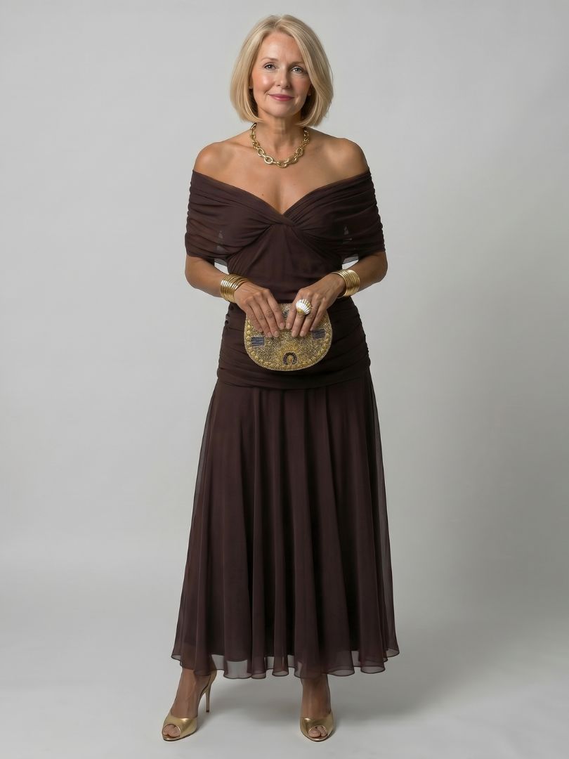 Octavia | Purple One Shoulder Strapless Denim Flowy Maxi Dress — Brown