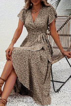 Delia | Floral Wrap Midi Dress Short Sleeve Black White V-Neck — Camel