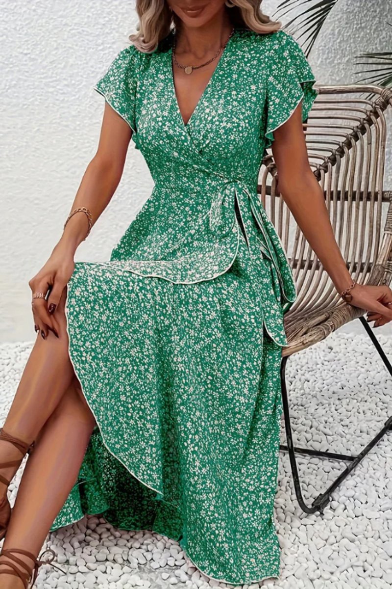 Delia | Floral Wrap Midi Dress Short Sleeve Black White V-Neck — Green