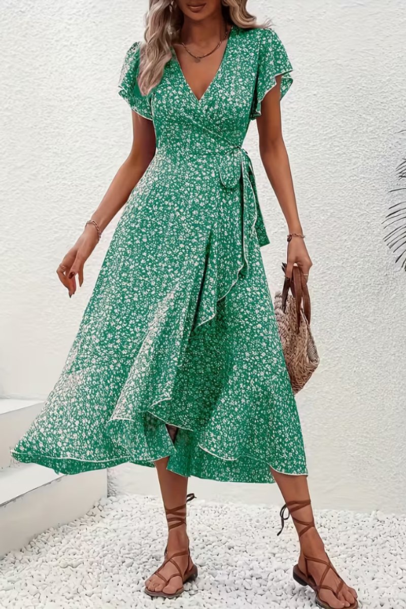 Delia | Floral Wrap Midi Dress Short Sleeve Black White V-Neck