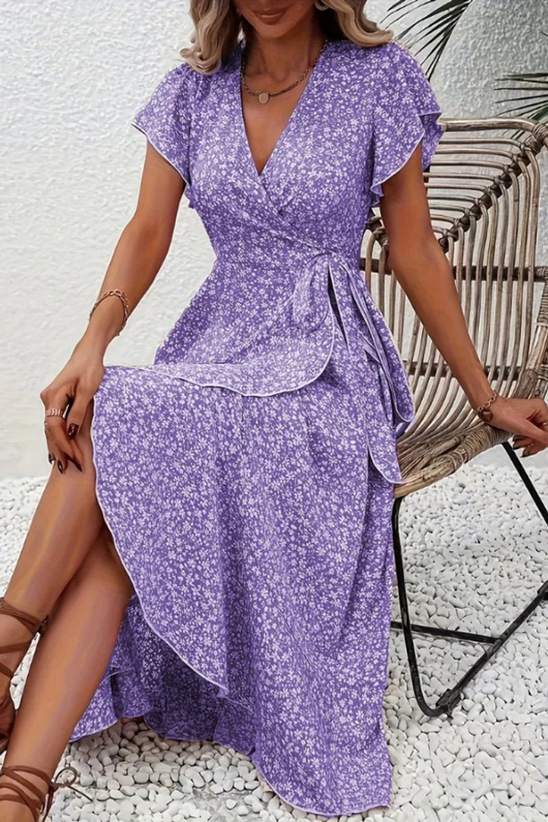 Delia | Floral Wrap Midi Dress Short Sleeve Black White V-Neck — Purple