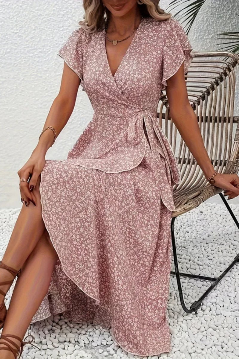 Delia | Floral Wrap Midi Dress Short Sleeve Black White V-Neck — Pink