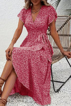 Delia | Floral Wrap Midi Dress Short Sleeve Black White V-Neck — Pink 2
