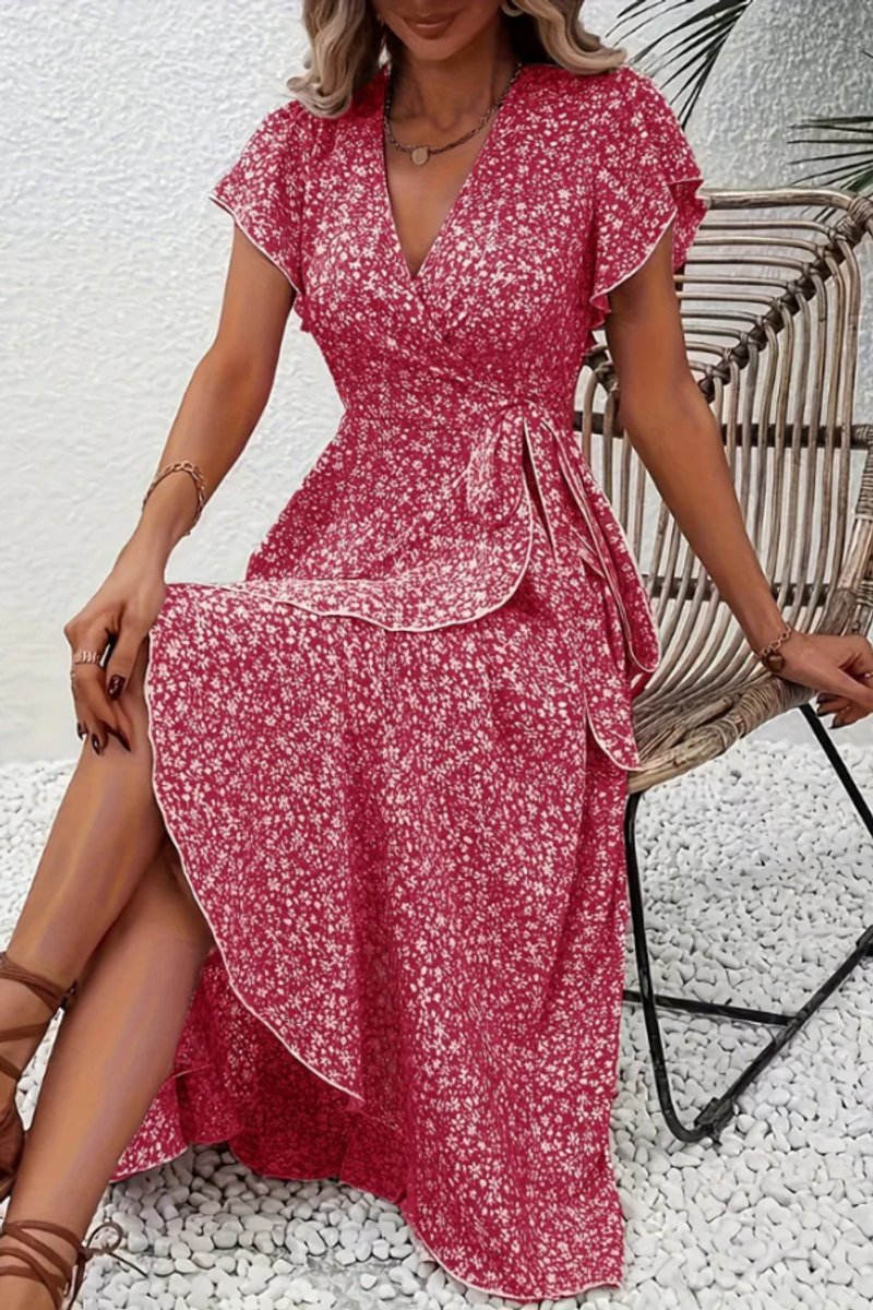 Delia | Floral Wrap Midi Dress Short Sleeve Black White V-Neck — Pink 2