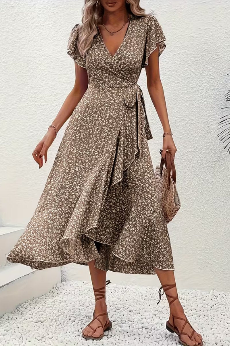 Delia | Floral Wrap Midi Dress Short Sleeve Black White V-Neck