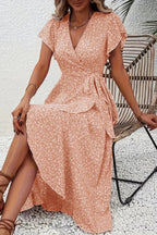 Delia | Floral Wrap Midi Dress Short Sleeve Black White V-Neck — Orange Pink