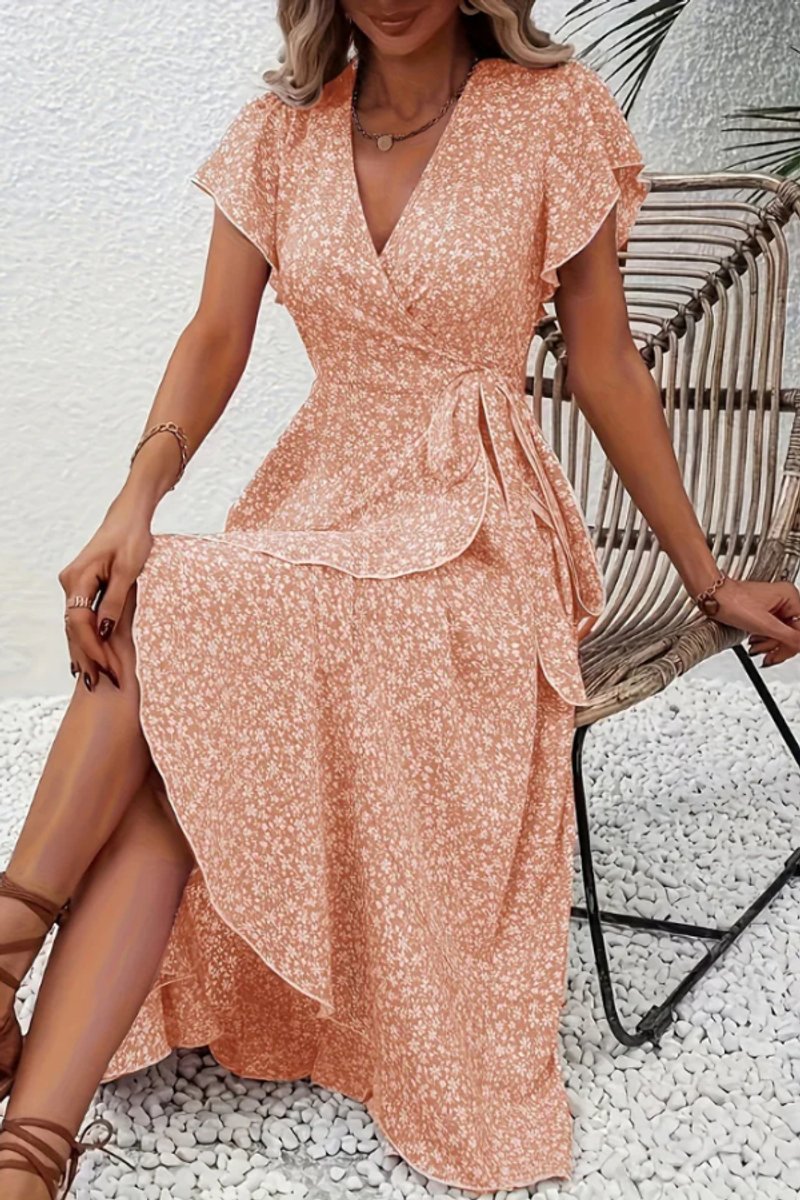 Delia | Floral Wrap Midi Dress Short Sleeve Black White V-Neck — Orange Pink