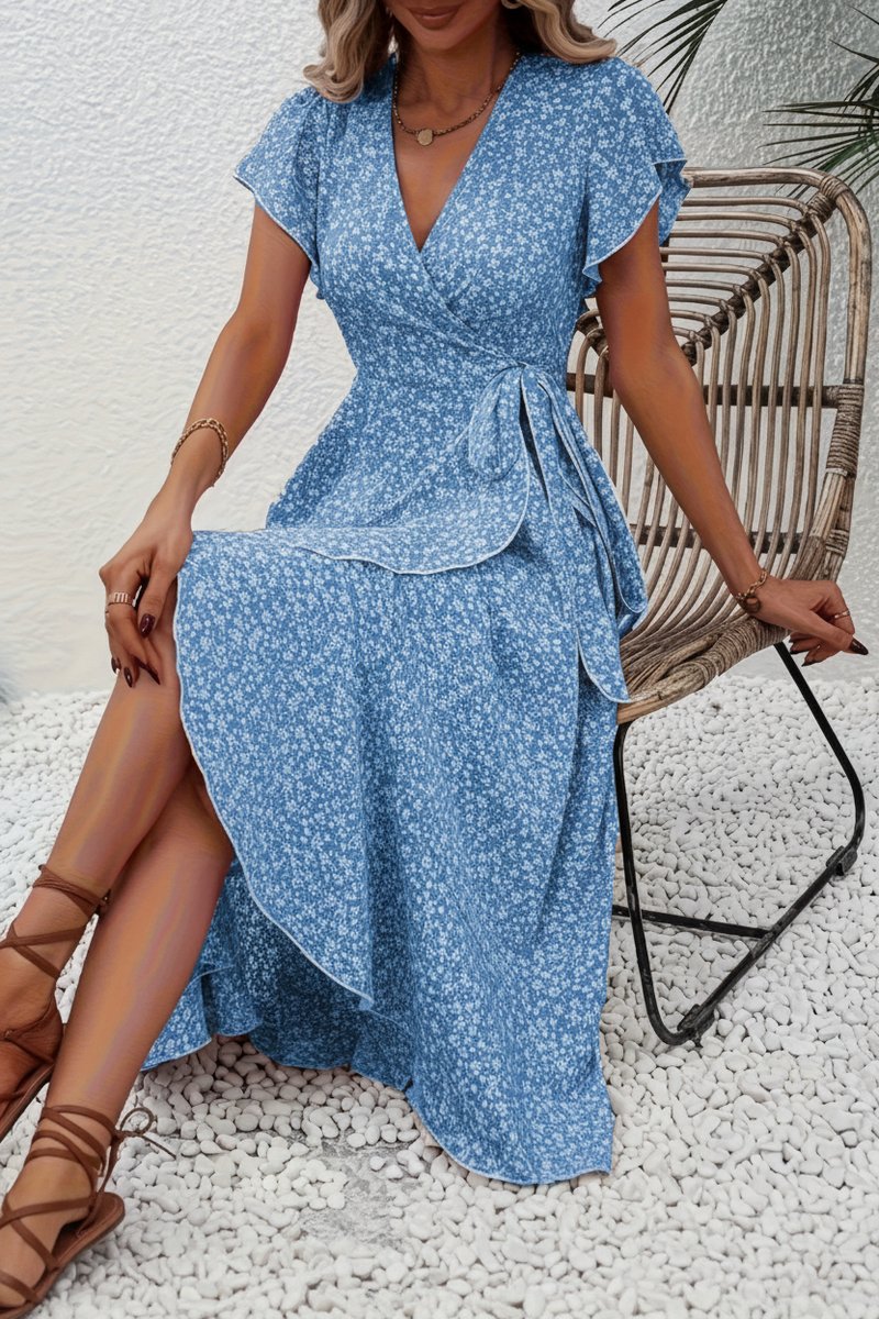 Delia | Floral Wrap Midi Dress Short Sleeve Black White V-Neck — Peacock Blue