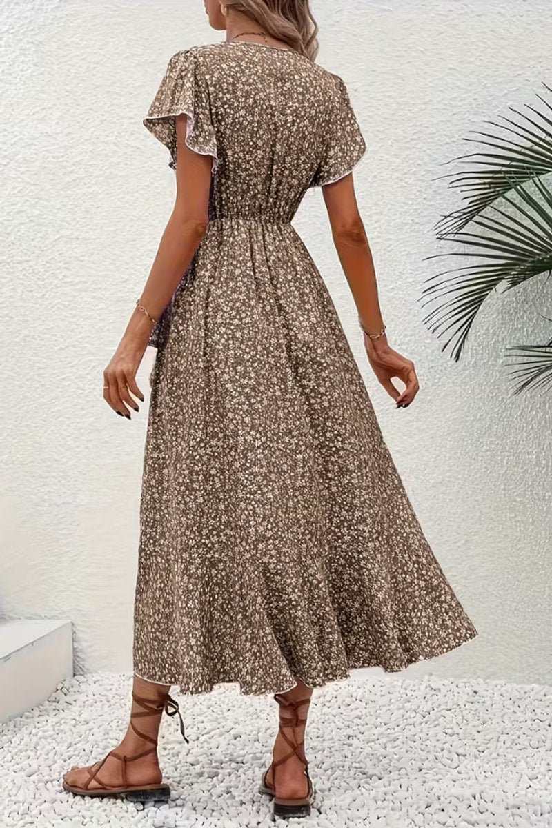 Delia | Floral Wrap Midi Dress Short Sleeve Black White V-Neck