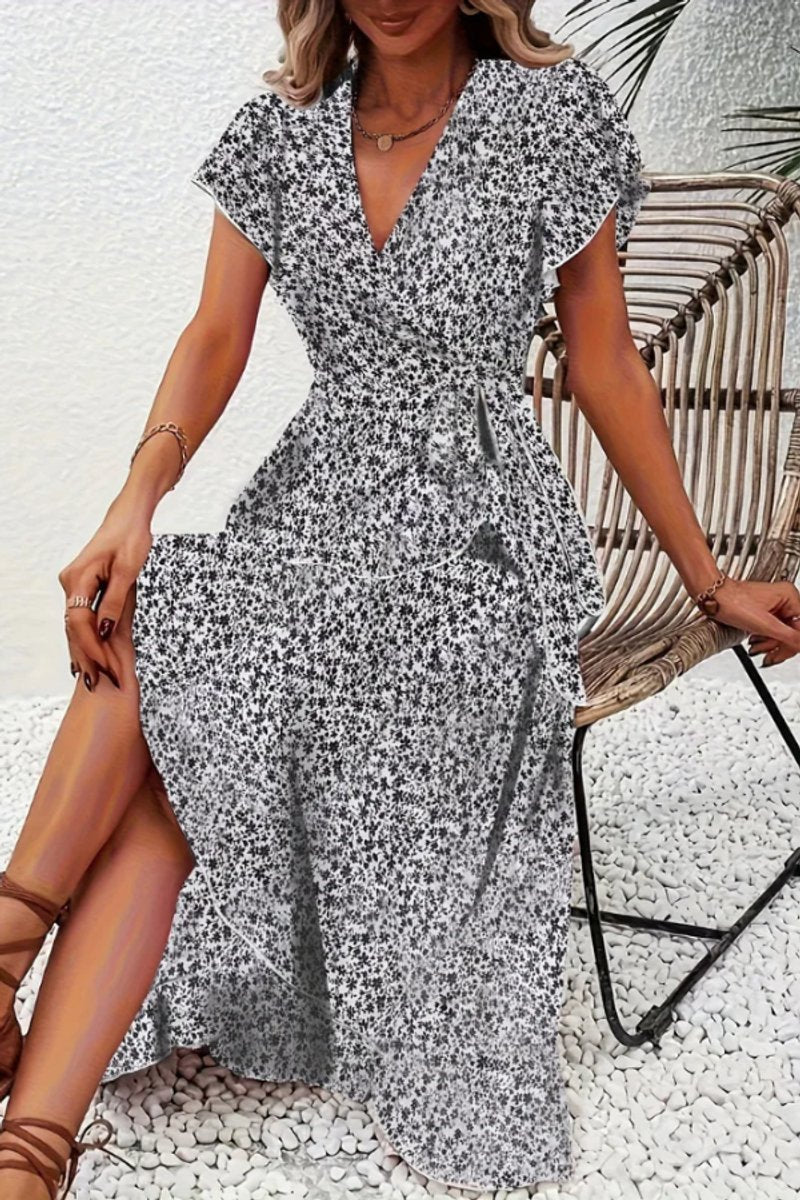 Delia | Floral Wrap Midi Dress Short Sleeve Black White V-Neck — Black And White