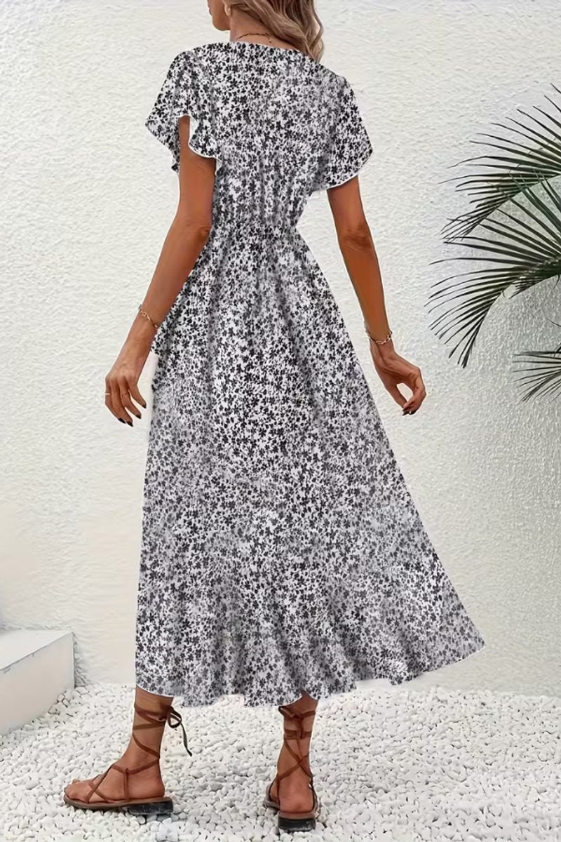 Delia | Floral Wrap Midi Dress Short Sleeve Black White V-Neck